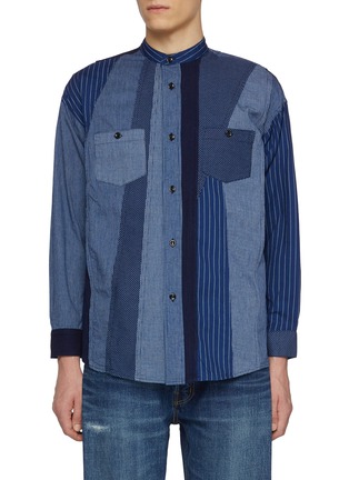 Main View - Click To Enlarge - FDMTL - Band Collar Patchwork Striped Cotton Shirt