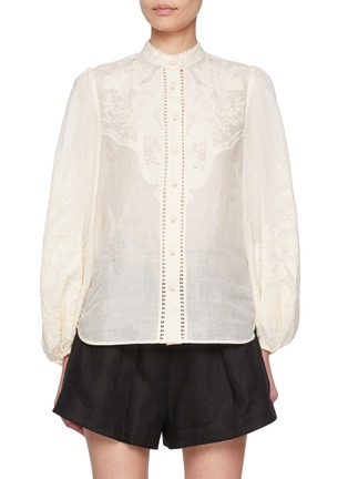 Main View - Click To Enlarge - ZIMMERMANN - Mandarin Collar Embroidery Linen Blouse