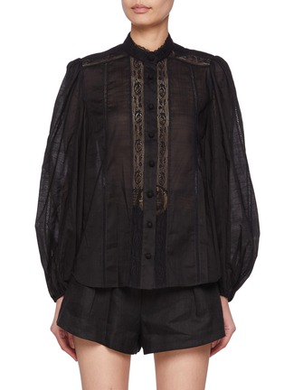 Main View - Click To Enlarge - ZIMMERMANN - Halliday Mandarin Collar Lace Trim Cotton Shirt