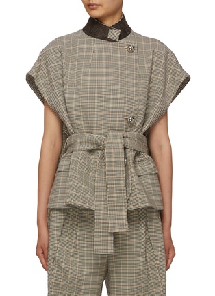 Main View - Click To Enlarge - PACO RABANNE - Stand Collar Cap Sleeve Checkered Wool Blend Top