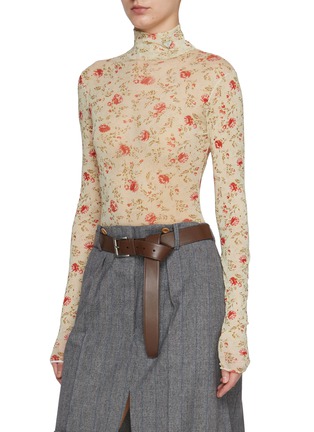 Front View - Click To Enlarge - PRADA - Long Sleeve High Neck Floral Top