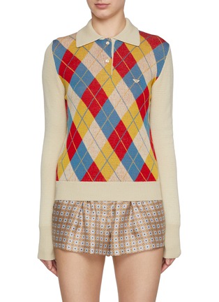 Main View - Click To Enlarge - PRADA - Polo Collar Argyle Knitted Top