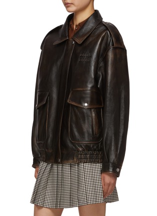 Detail View - Click To Enlarge - MIU MIU - Shearling Collar Washed Effect Leather Jacket