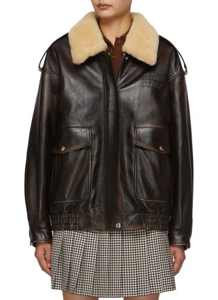 Main View - Click To Enlarge - MIU MIU - Shearling Collar Washed Effect Leather Jacket