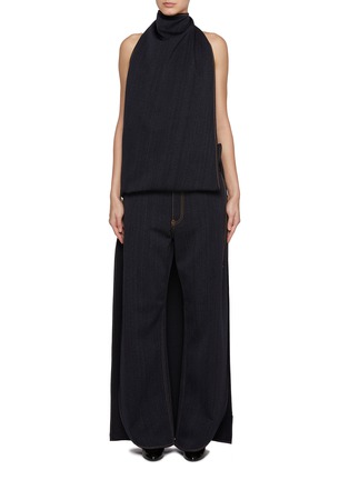 Front View - Click To Enlarge - ALAÏA - Asymmetric Dark Wash Wool Denim Cape Top