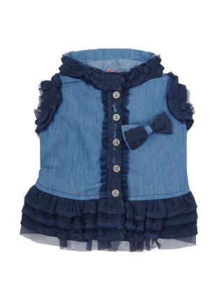 Main View - Click To Enlarge - KALINA - Medium Lace Trim Embroidered Denim Dog Dress — Blue