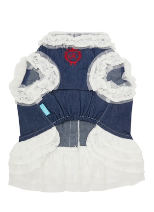  - KALINA - Large Lace Trim Embroidered Denim Dog Dress — White