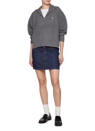 Figure View - Click To Enlarge - MAISON KITSUNÉ - Bold Fox Head Patch Half Zip Ribbed Sweater