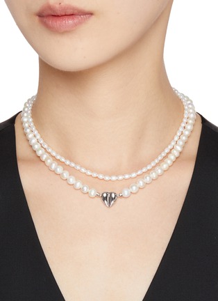 Figure View - Click To Enlarge - SSIL - Rhodium Plated Brass Volume Heart Pearl Collar Necklace