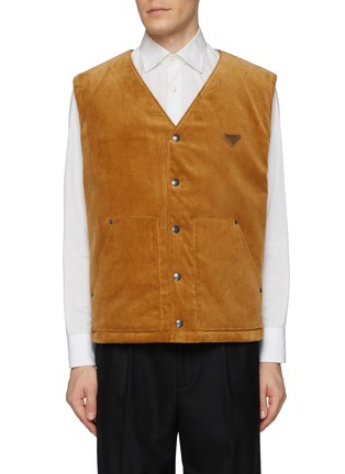 Main View - Click To Enlarge - PRADA - Logo Plaque Pocket Corduroy Vest