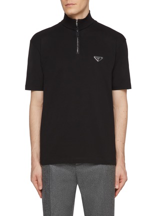 Main View - Click To Enlarge - PRADA - High Neck Half Zip Logo Cotton T-Shirt