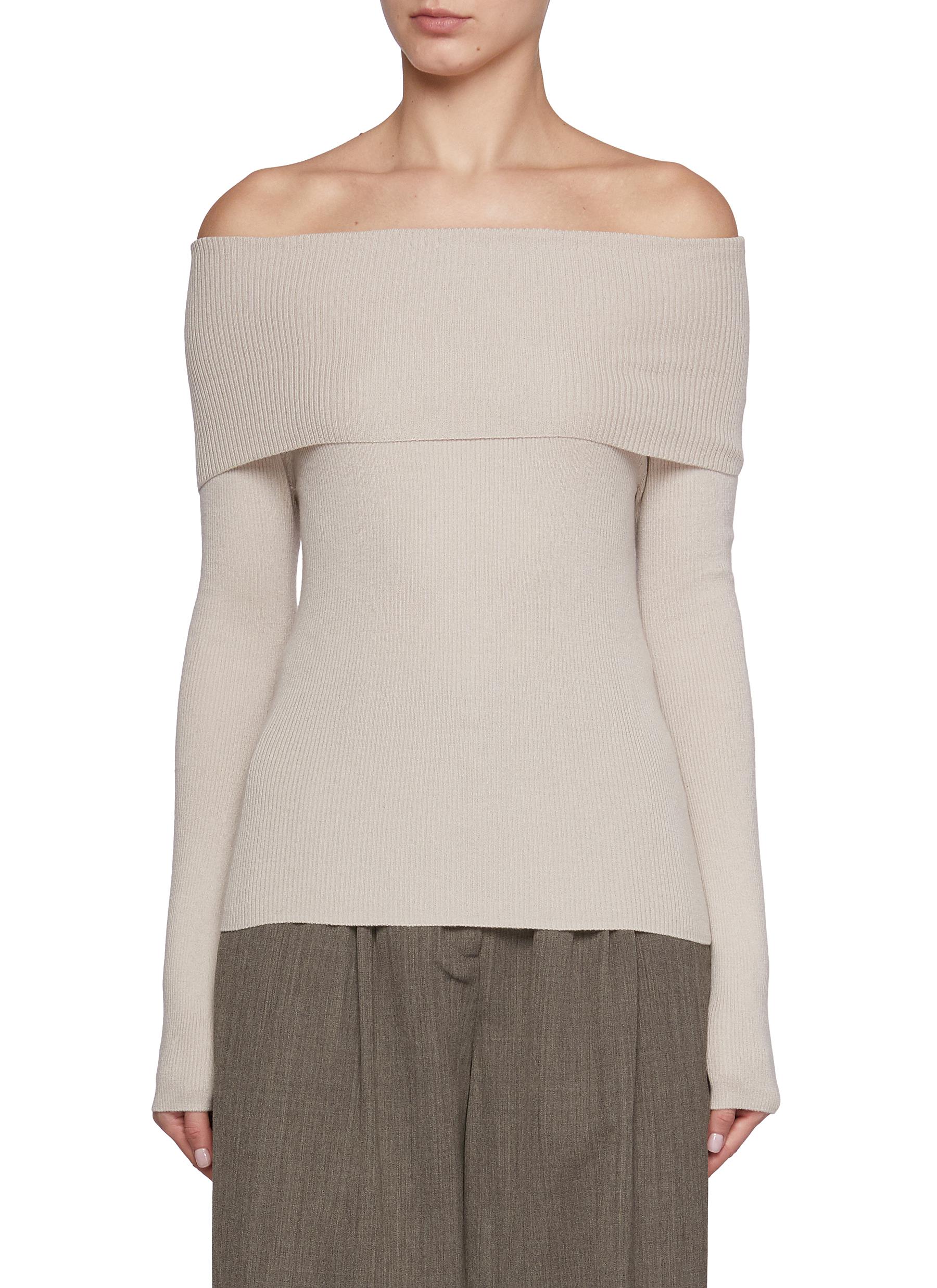 April Off Shoulder Roll Neck Ribbed Silk Cashmere Sweater