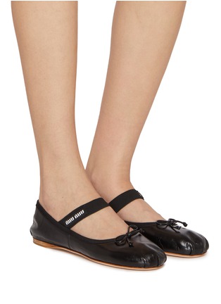 Figure View - Click To Enlarge - MIU MIU - Logo Jacquard Strap Leather Mary Jane Ballerina Flats