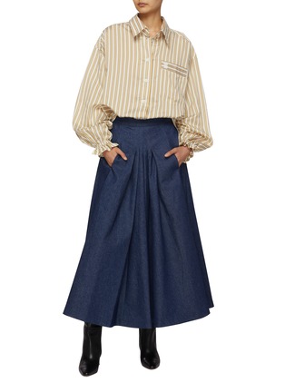 Figure View - Click To Enlarge - PRUNE GOLDSCHMIDT - Pleated Denim Midi Skirt