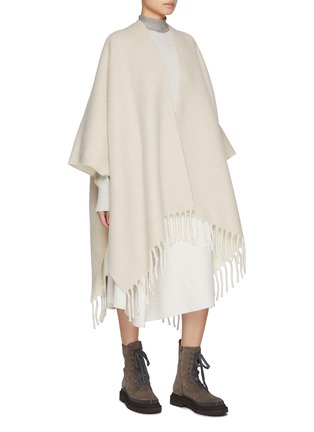 Front View - Click To Enlarge - BRUNELLO CUCINELLI - Aperto Fringe Hem Cashmere Wool Poncho