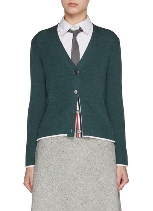 Main View - Click To Enlarge - THOM BROWNE  - Striped Grosgrain  Placket Wool Silk Cardigan