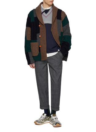 Figure View - Click To Enlarge - KOLOR BEACON - Square Knit Patchwork Wool Cardigan