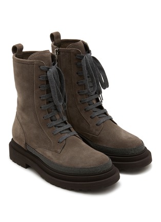 Detail View - Click To Enlarge - BRUNELLO CUCINELLI - Monili Embellished Suede Combat Boots
