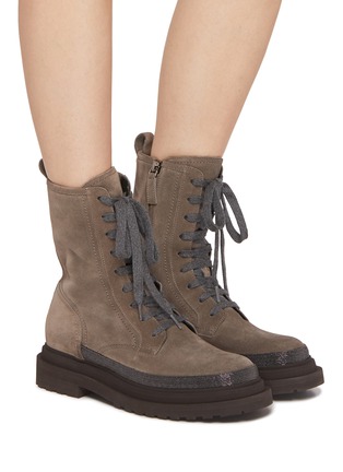 Figure View - Click To Enlarge - BRUNELLO CUCINELLI - Monili Embellished Suede Combat Boots