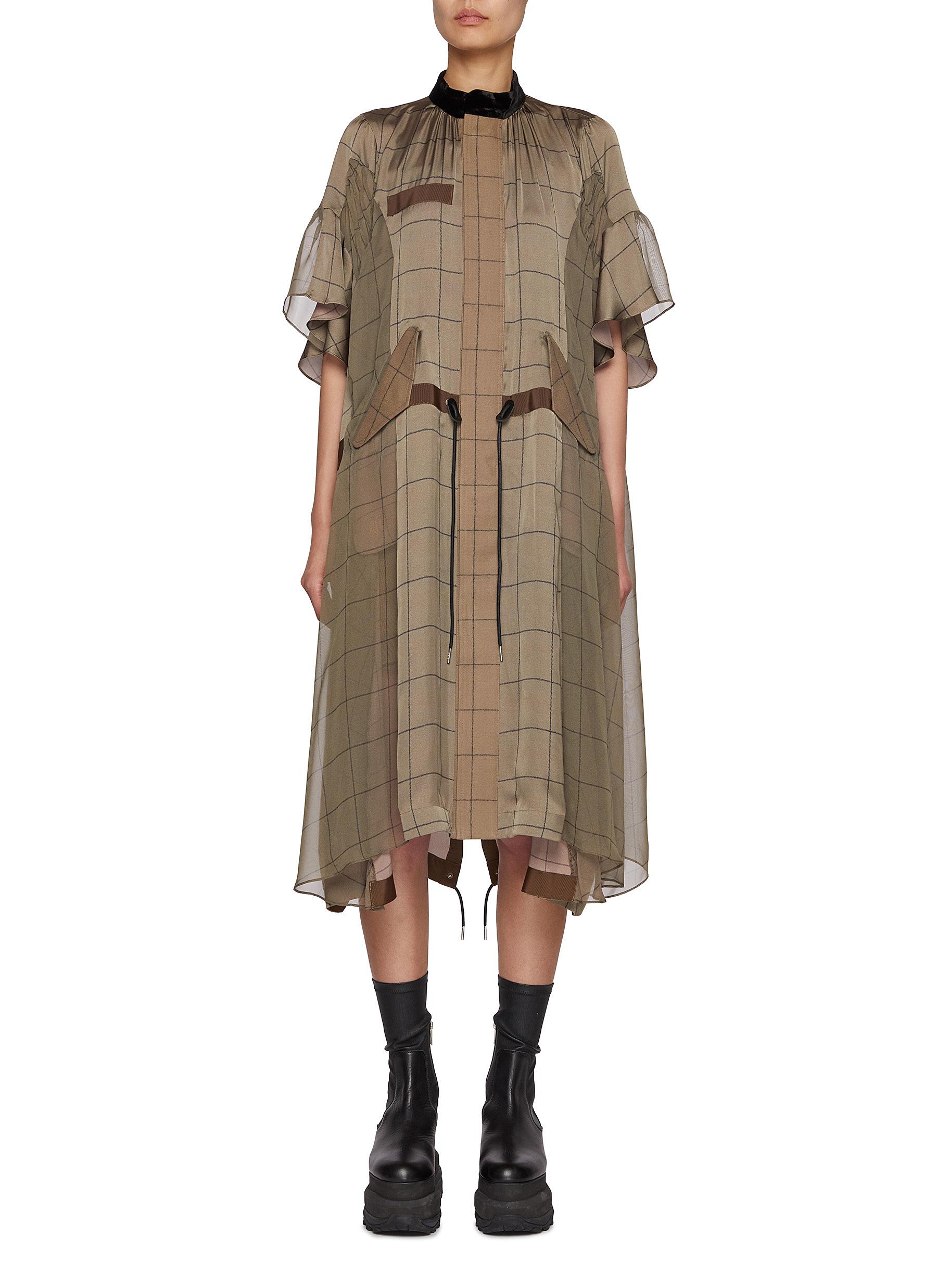 SACAI Windowpane Flowy Satin Dress BROWN Women Lane Crawford