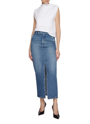 Figure View - Click To Enlarge - ARMARIUM - Lula Slit Front Fitted Dark Wash Denim Skirt