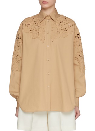 Main View - Click To Enlarge - ERMANNO SCERVINO - Oversized Botanical Appliqué Cotton Blend Poplin Shirt