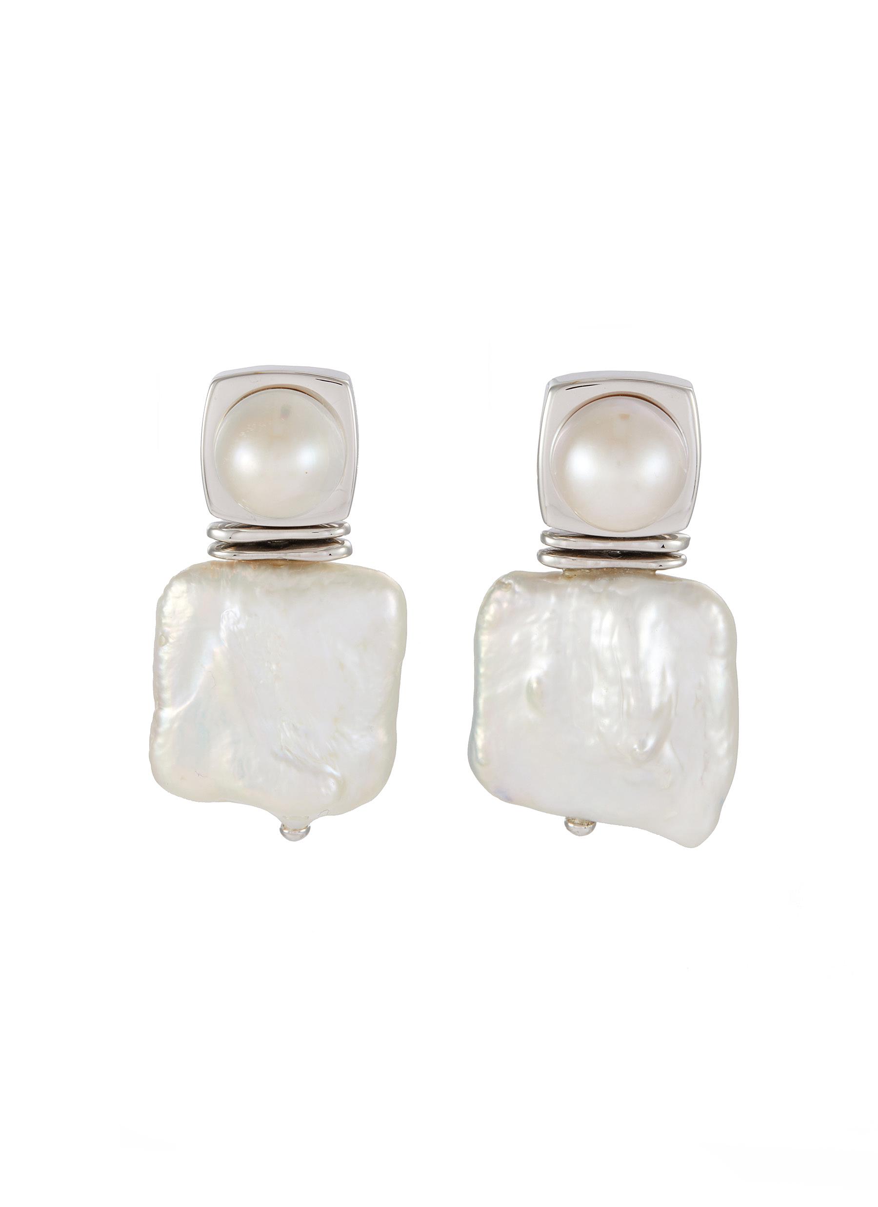 Rhodium Plated Brass Pearl Stud Earrings