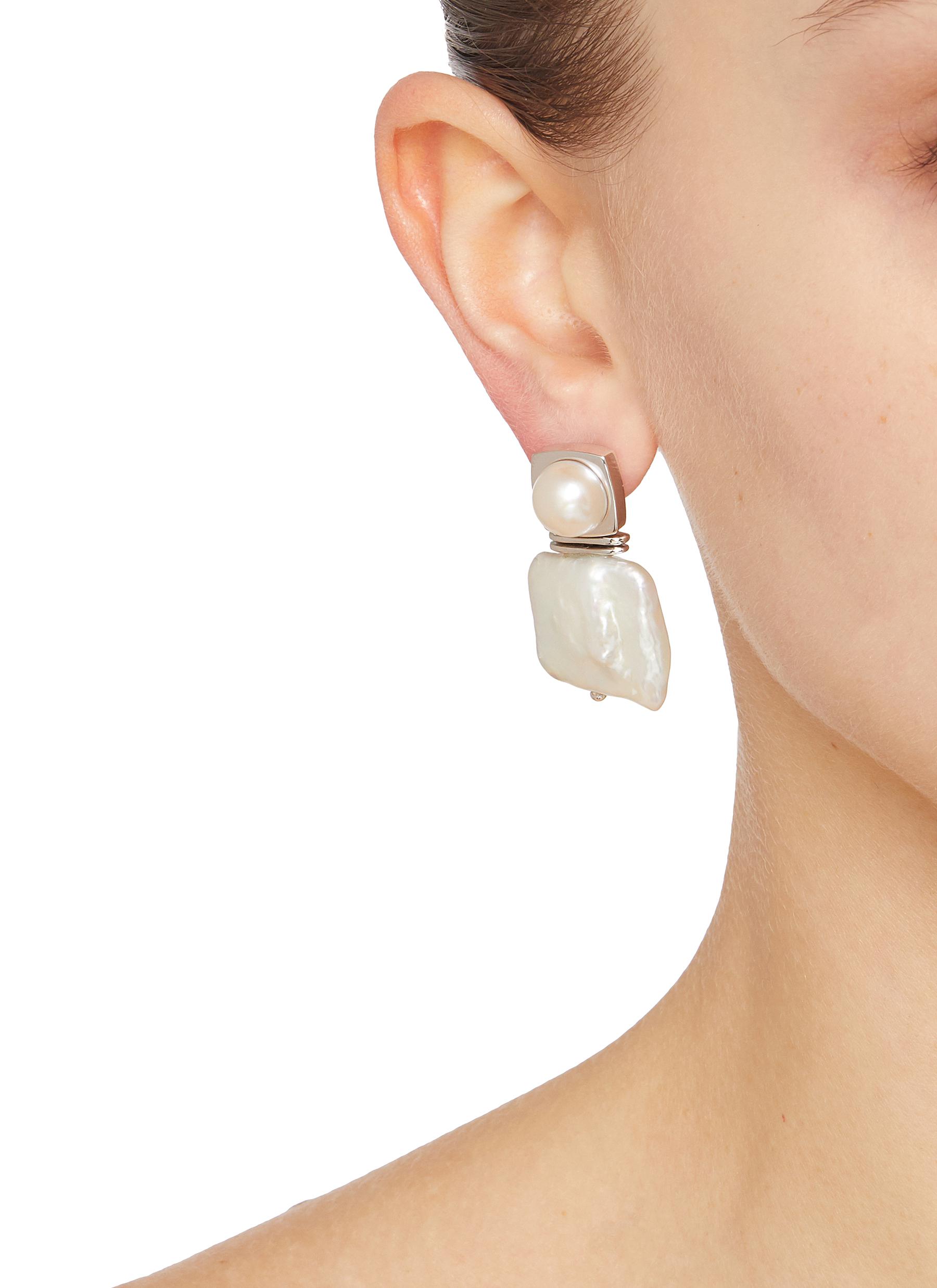 Rhodium Plated Brass Pearl Stud Earrings - Thumbnail 2