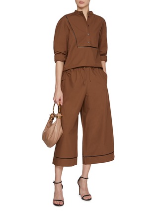 Figure View - Click To Enlarge - YVES SALOMON - Drawstring Elasticated Cropped Leather Insert Cotton Poplin Pants