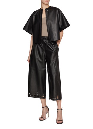 Figure View - Click To Enlarge - YVES SALOMON - Cut-Out Hem Cropped Leather Wide Leg Pants