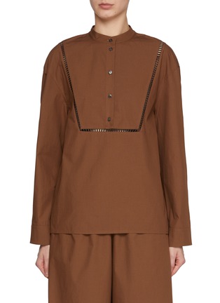 Main View - Click To Enlarge - YVES SALOMON - Band Collar Half Button Leather Insert Cotton Poplin Top