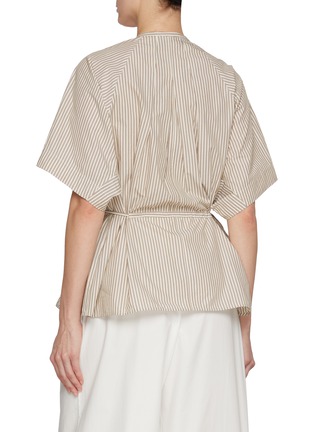 Back View - Click To Enlarge - YVES SALOMON - Band Collar Elbow Sleeve Belted Cotton Poplin Blouse