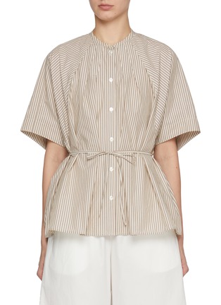 Main View - Click To Enlarge - YVES SALOMON - Band Collar Elbow Sleeve Belted Cotton Poplin Blouse