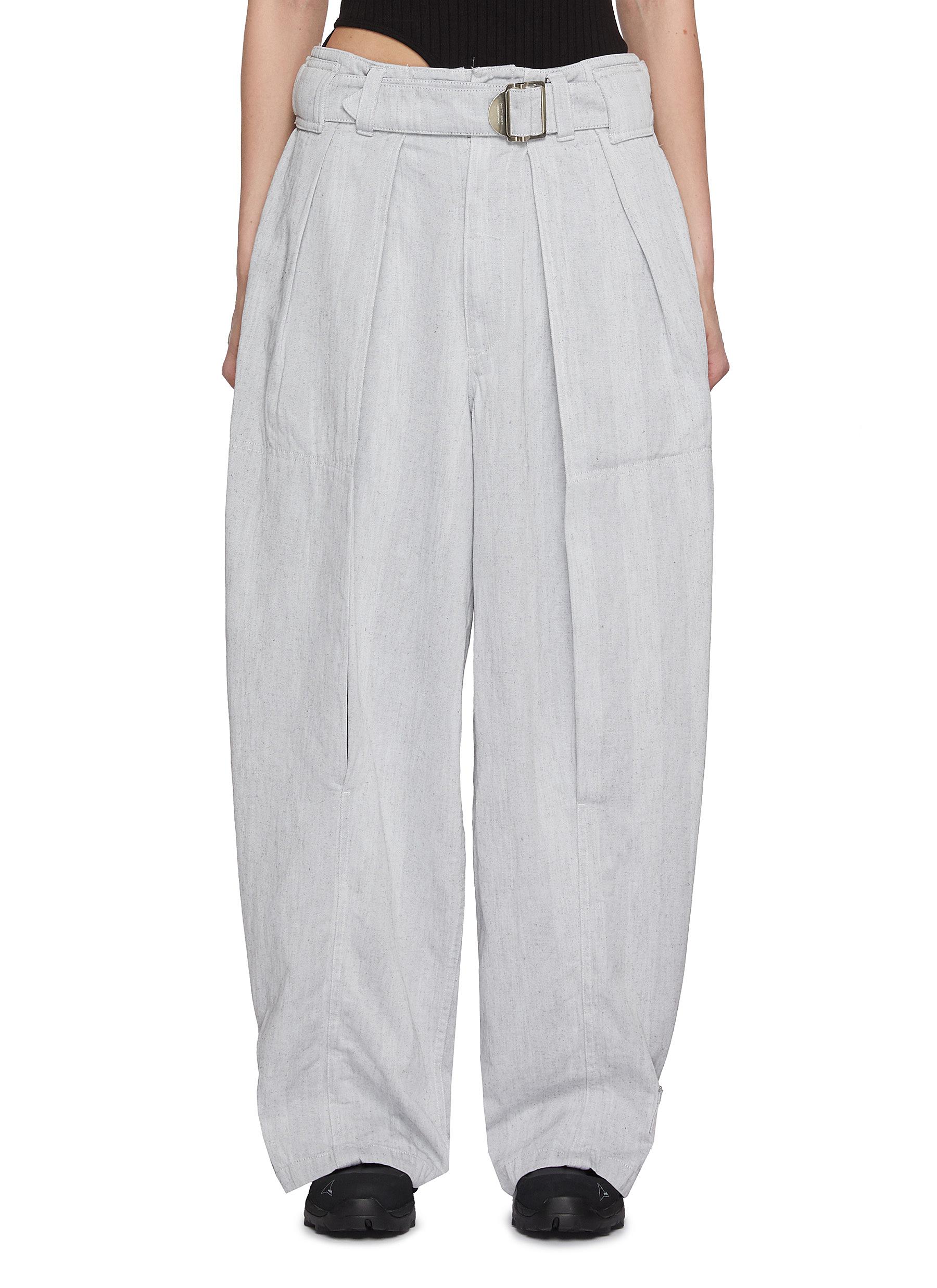 Buckled Hem Belted Cotton Hemp Wide Leg Pants