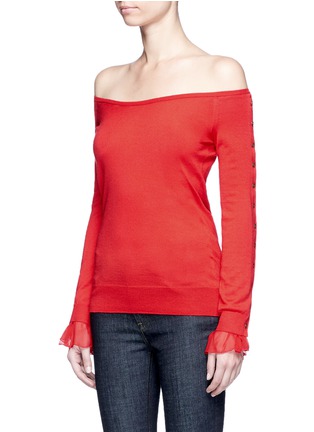Front View - Click To Enlarge - OSCAR DE LA RENTA - Chiffon cuff off-shoulder virgin wool-silk sweater