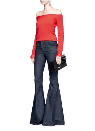Figure View - Click To Enlarge - OSCAR DE LA RENTA - Chiffon cuff off-shoulder virgin wool-silk sweater