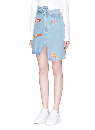 Front View - Click To Enlarge - GROUND ZERO - Mixed anime patch asymmetric denim skirt