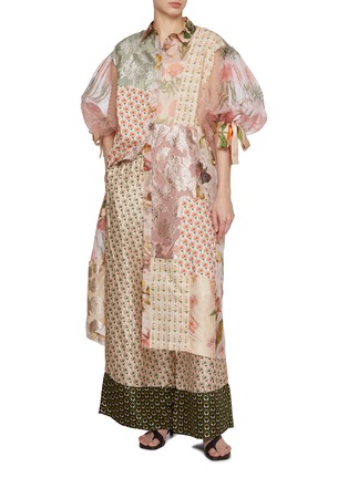 Figure View - Click To Enlarge - BIYAN - Patchwork Puff Sleeve Silk Shirt Dress