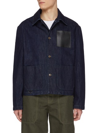 Main View - Click To Enlarge - LOEWE - Dark Wash Leather Anagram Pocket Denim Workwear Jacket