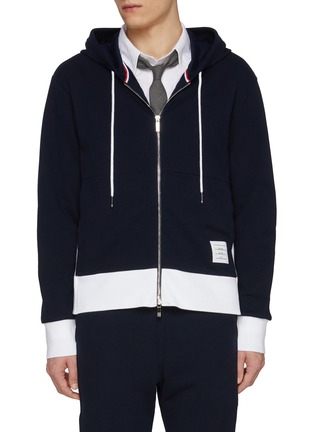 Main View - Click To Enlarge - THOM BROWNE - Four Bar Colour Block Zip Up Cotton Hoodie