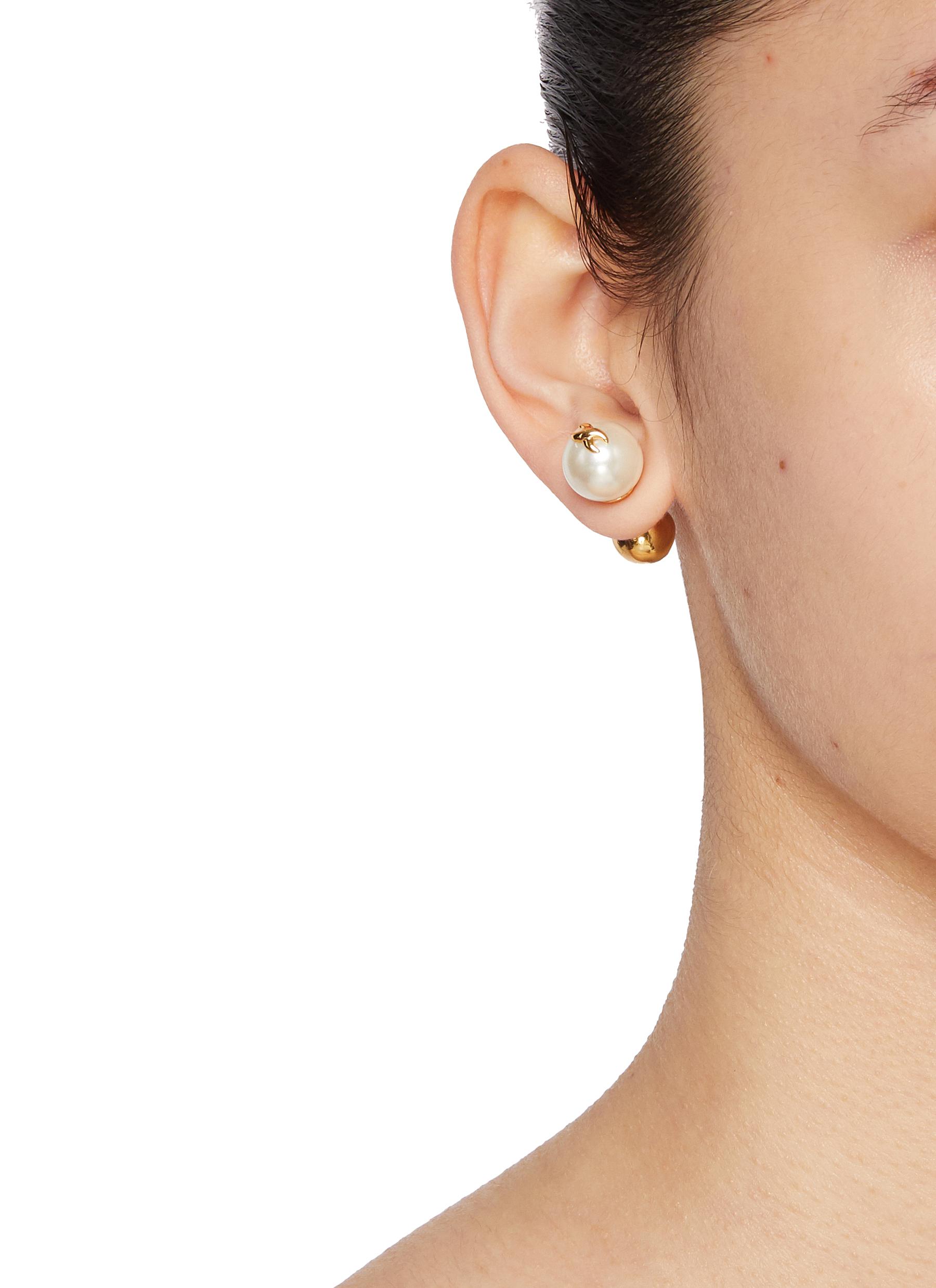 14K Gold Plated Brass Logo Pearl Earrings - Thumbnail 2