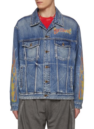 Main View - Click To Enlarge - WE11DONE - Blaze Logo Flame Sleeves Denim Trucker Jacket