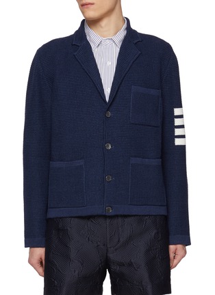 Main View - Click To Enlarge - THOM BROWNE - Notch Lapel Four Bar Pocket Linen Cotton Blend Cardigan