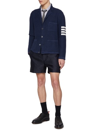 Figure View - Click To Enlarge - THOM BROWNE - Notch Lapel Four Bar Pocket Linen Cotton Blend Cardigan