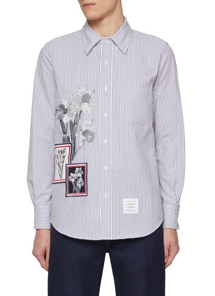 Main View - Click To Enlarge - THOM BROWNE - Floral Embroidery And Patch Cotton Blend Seersucker Shirt