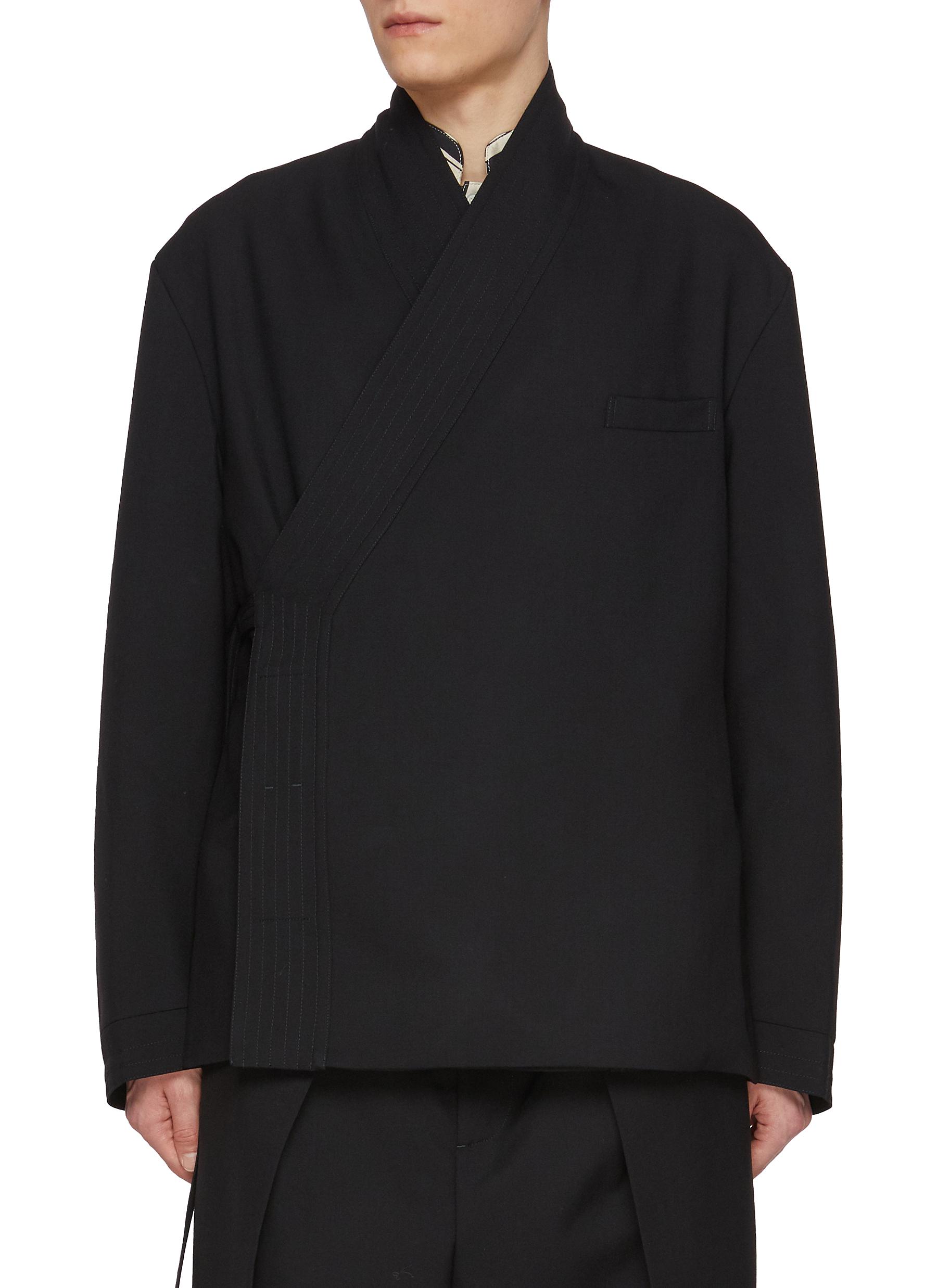 Double Breasted Drawstring Virgin Wool Kimono Blazer