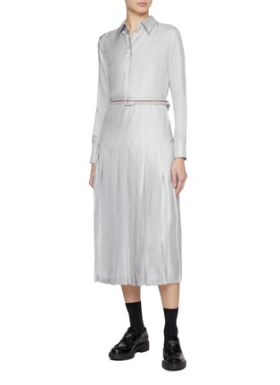 Figure View - Click To Enlarge - THOM BROWNE - Pleated Bottom Belted Silk Shirt Dress