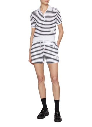 Figure View - Click To Enlarge - THOM BROWNE - Contrast Edge Ribbed Cotton Blend Polo Shirt