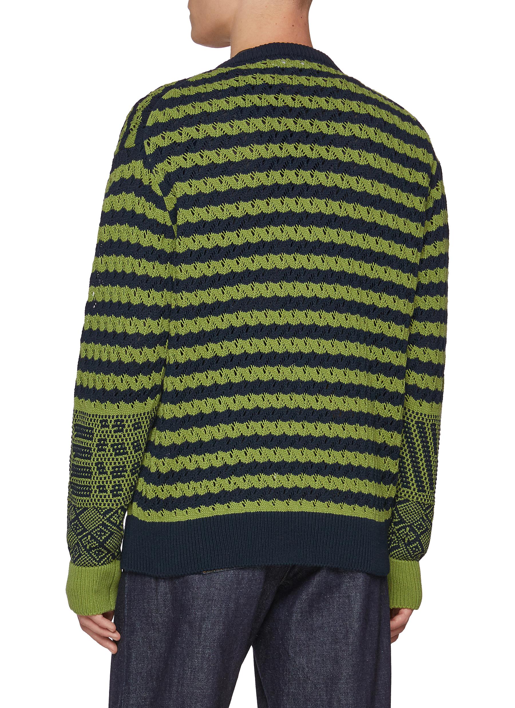 Jacquard Striped Cotton Knit Cardigan - Thumbnail 3
