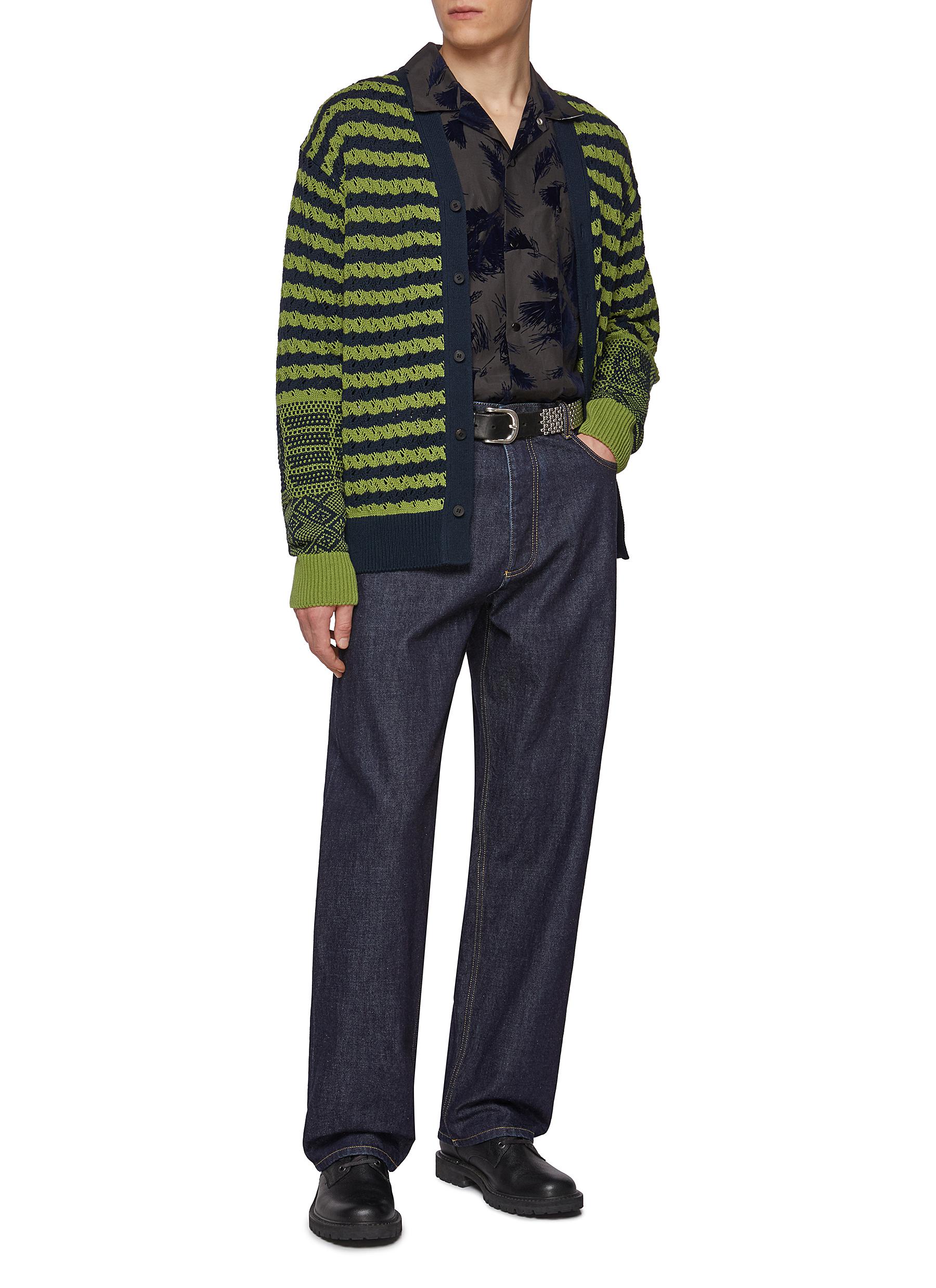 Jacquard Striped Cotton Knit Cardigan - Thumbnail 2